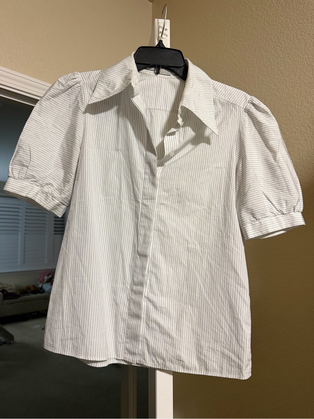 Stella McCartney Striped Puff Short Sleeve Button Down Top White Blue 40 (US 8)